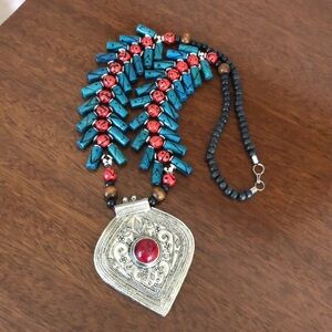 Vintage Turkish Silver turquoise Red Beaded Boho Medallion Necklace